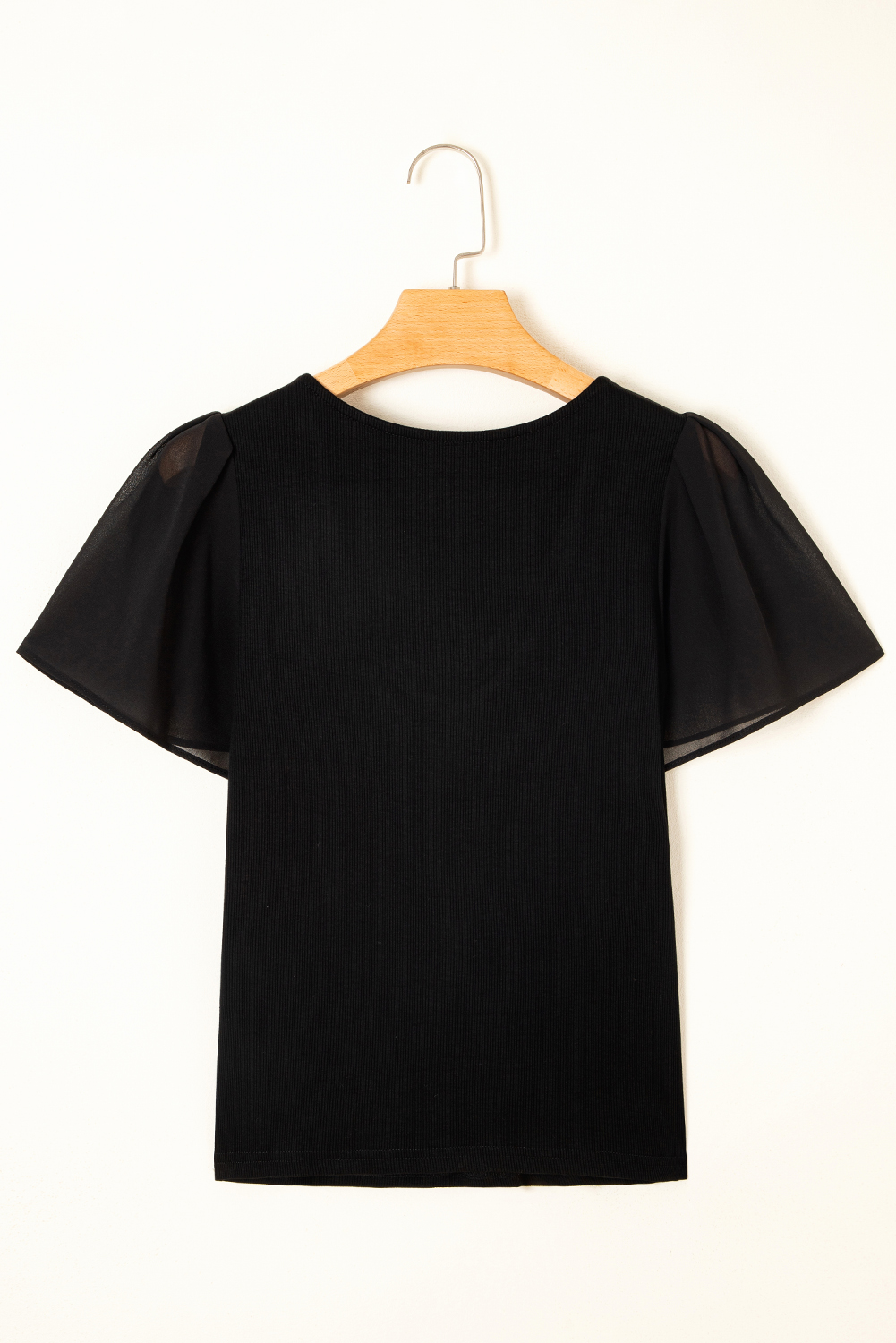 Black Mesh Ruffled Sleeve Slim Fit V Neck Top - loveforevers