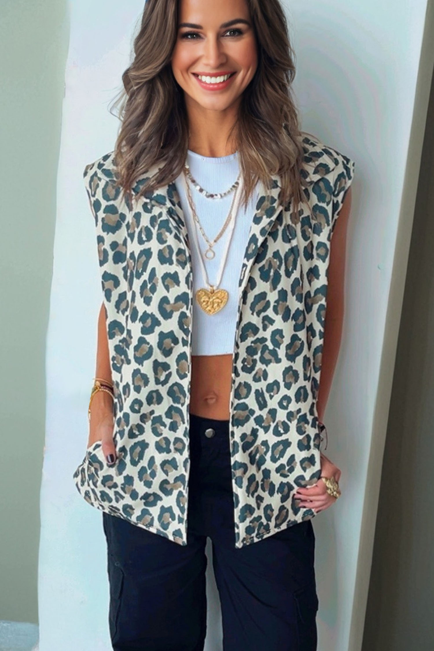 Brown Leopard Open Front Jacket Vest - loveforevers