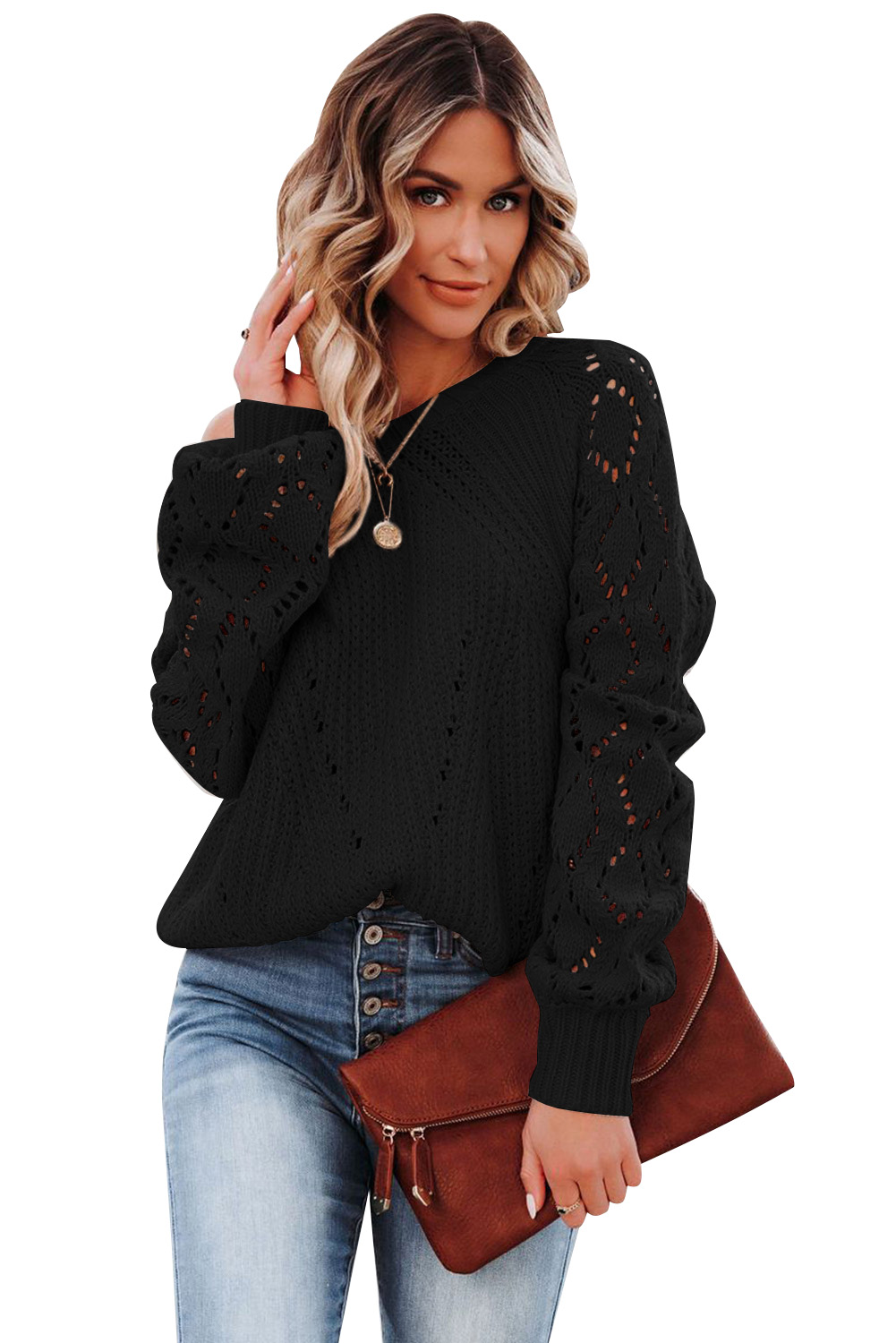 Black Hollow-out Puffy Sleeve Knit Sweater - loveforevers