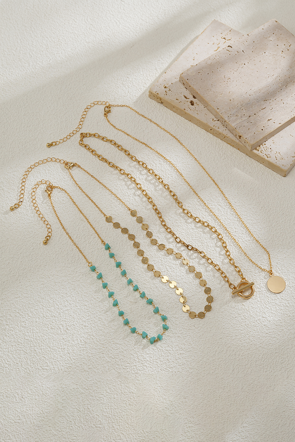 Gold Plated Toggle Disc Detail Turquoise Heart Beads 4pcs Necklace Set - loveforevers