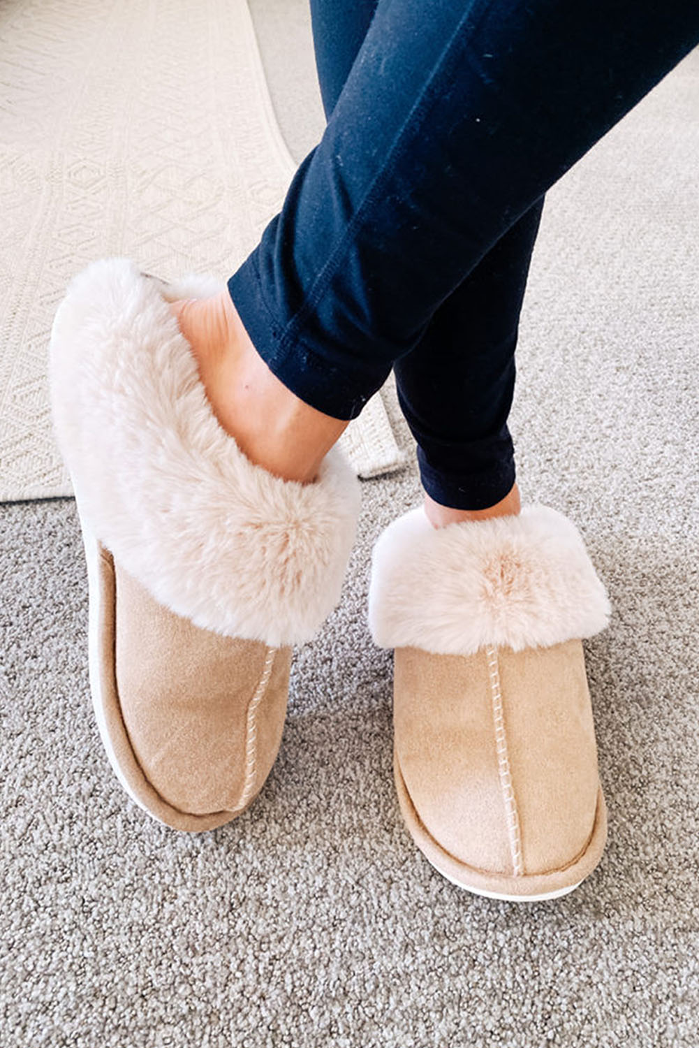Khaki Cut and Sew Faux Suede Plush Lined Slippers - loveforevers