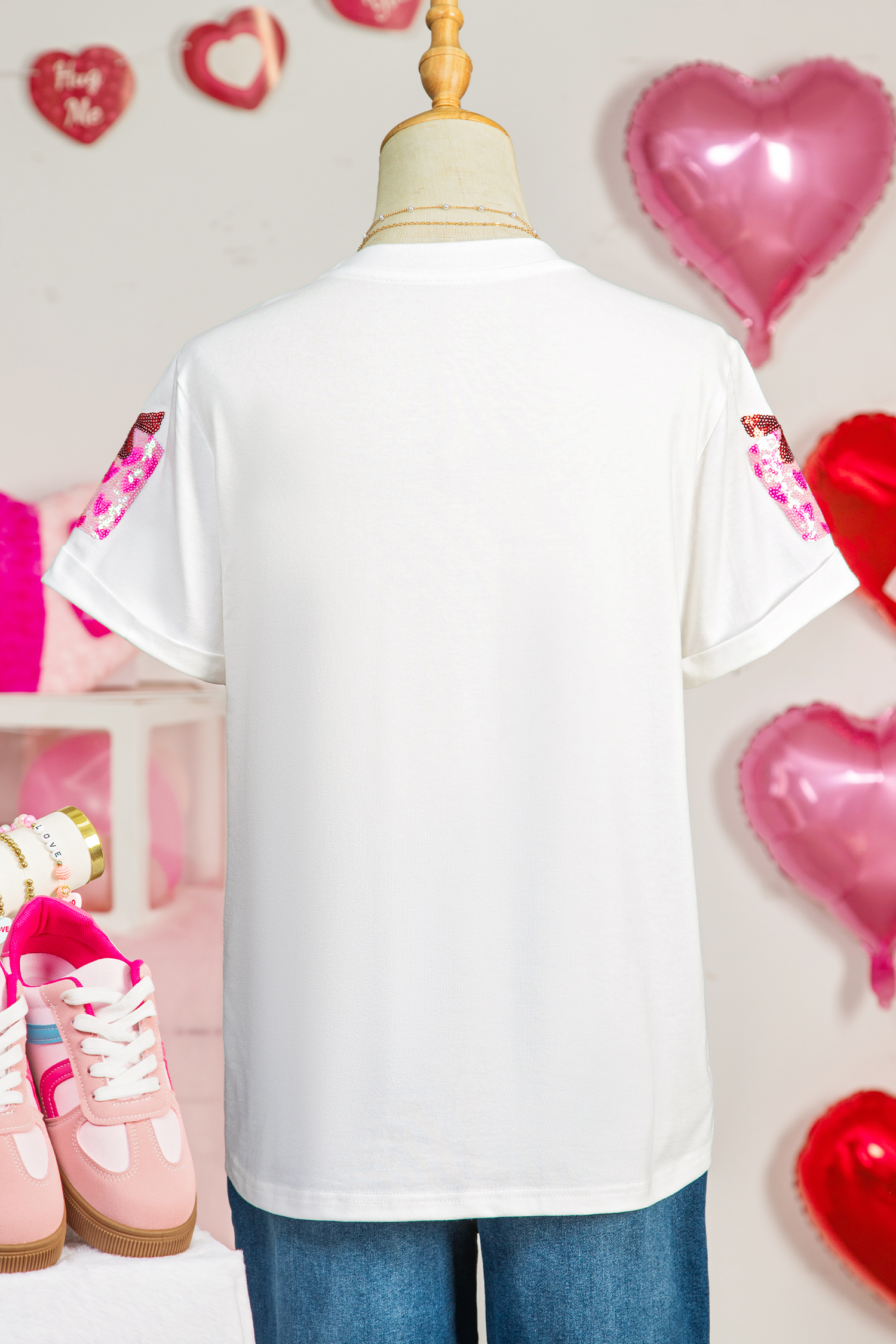 White Valentines Gift Kiss Lip Sequin Graphic T Shirt - loveforevers