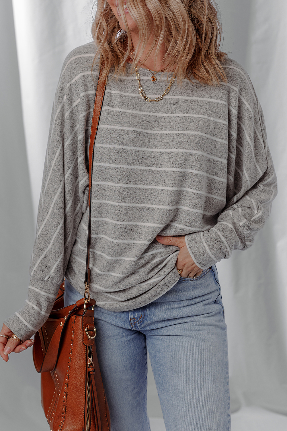 Gray Stripe Dolman Sleeve Drop Shoulder Top - loveforevers