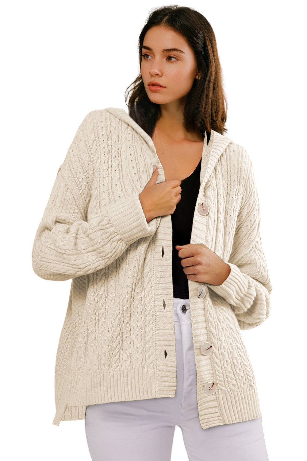 White Cable Knit Texture Uneven Hem Hooded Chic Cardigan - loveforevers