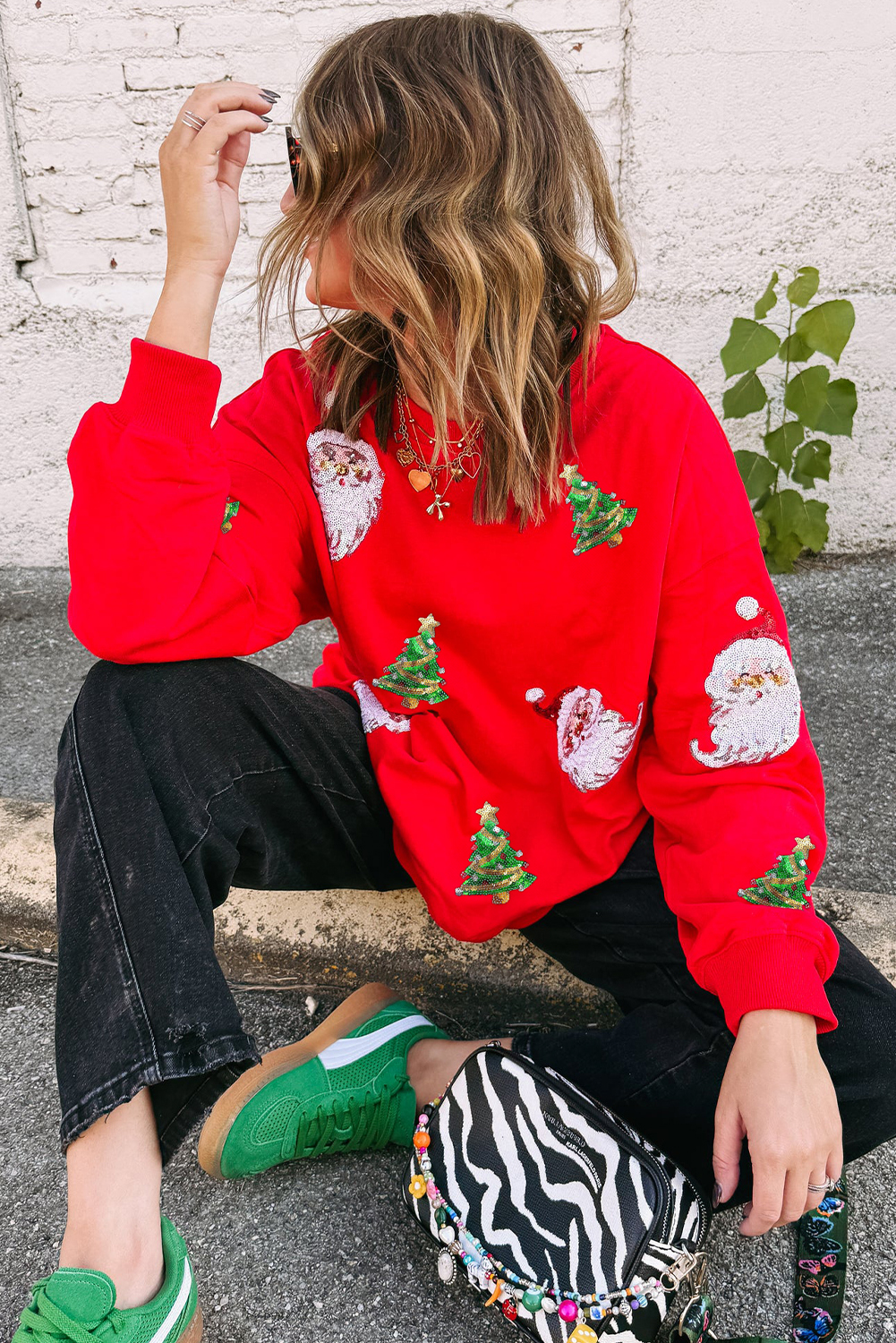 Red Santa Claus Christmas Tree Patched Pattern Drop Shoulder Sweatshirt - loveforevers