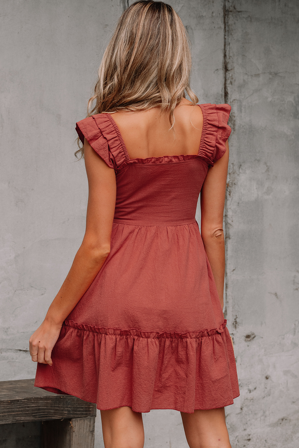 Red Sandalwood Geometric Stitch Shirred Bodice Ruffled Trim Sleeveless Mini Dress - loveforevers