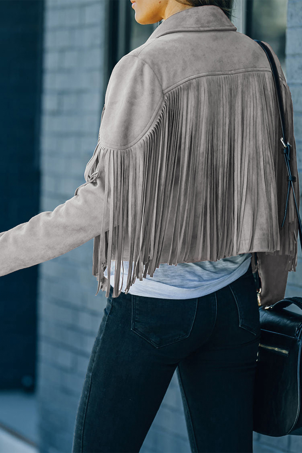Gray Cropped Fringe Faux Suede Jacket - loveforevers