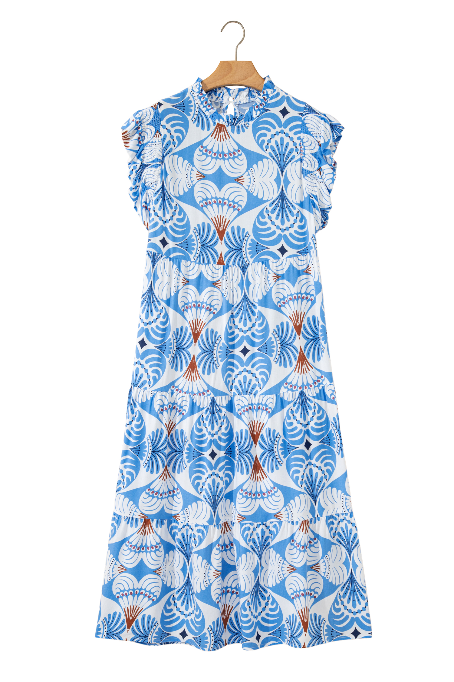 Sky Blue Tropical Botanic Print Flutter Sleeve Vacation Long Dress - loveforevers