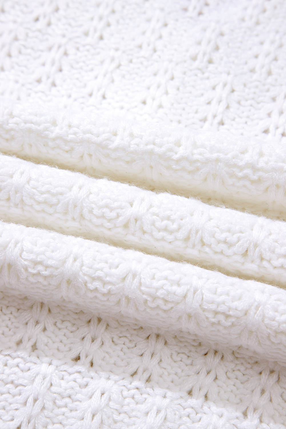 White Textured Knit Ribbed Edge V Neck Loose Sweater - loveforevers
