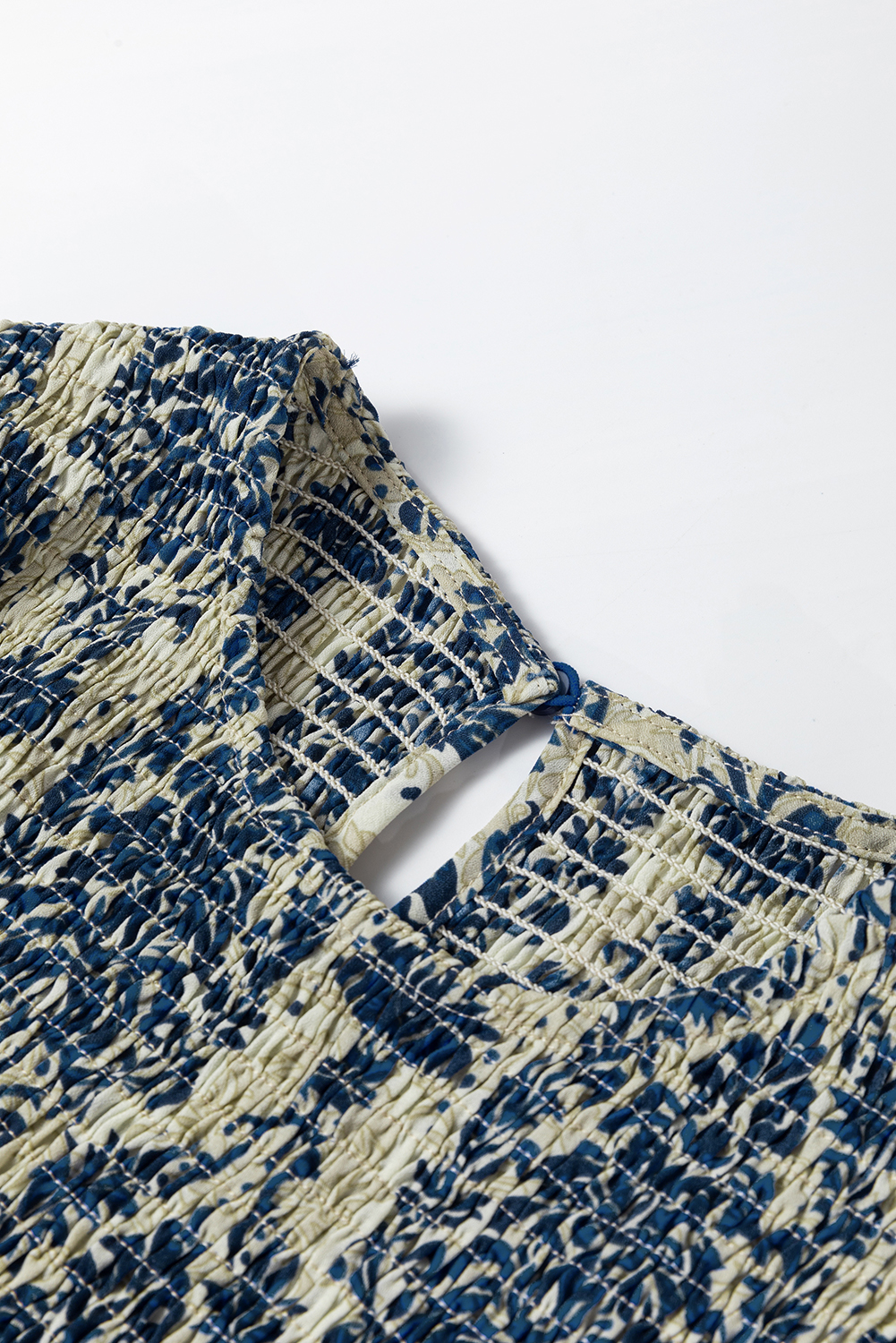 Sky Blue Boho Printed Balloon Sleeve Smocked Peplum Blouse - loveforevers
