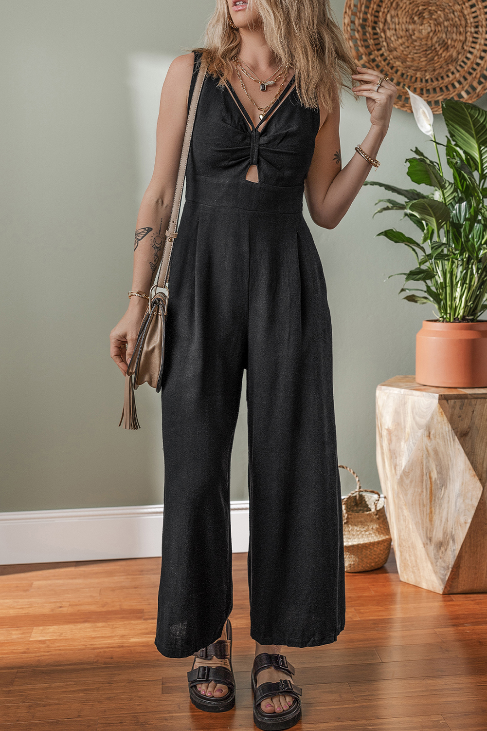 Black Front Cut Out Smocked Back Sleeveless Wide Leg Jumpsuit - loveforevers