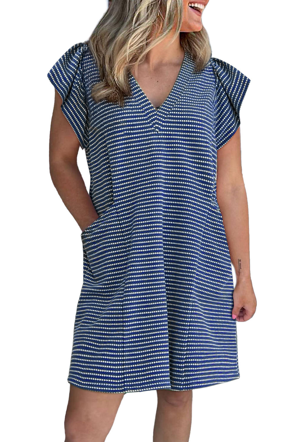 Blue Stripe Textured Knit V Neck Flutter Sleeve Shift Mini Dress - loveforevers