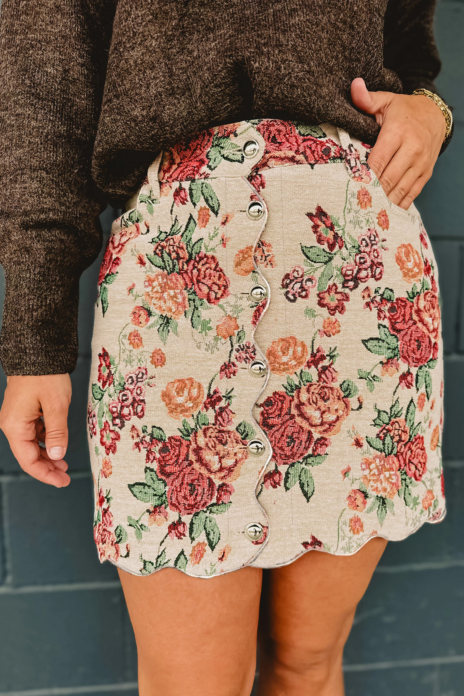 Apricot Buttoned Front Scalloped Trim Mini Jacquard Floral Skirt - loveforevers