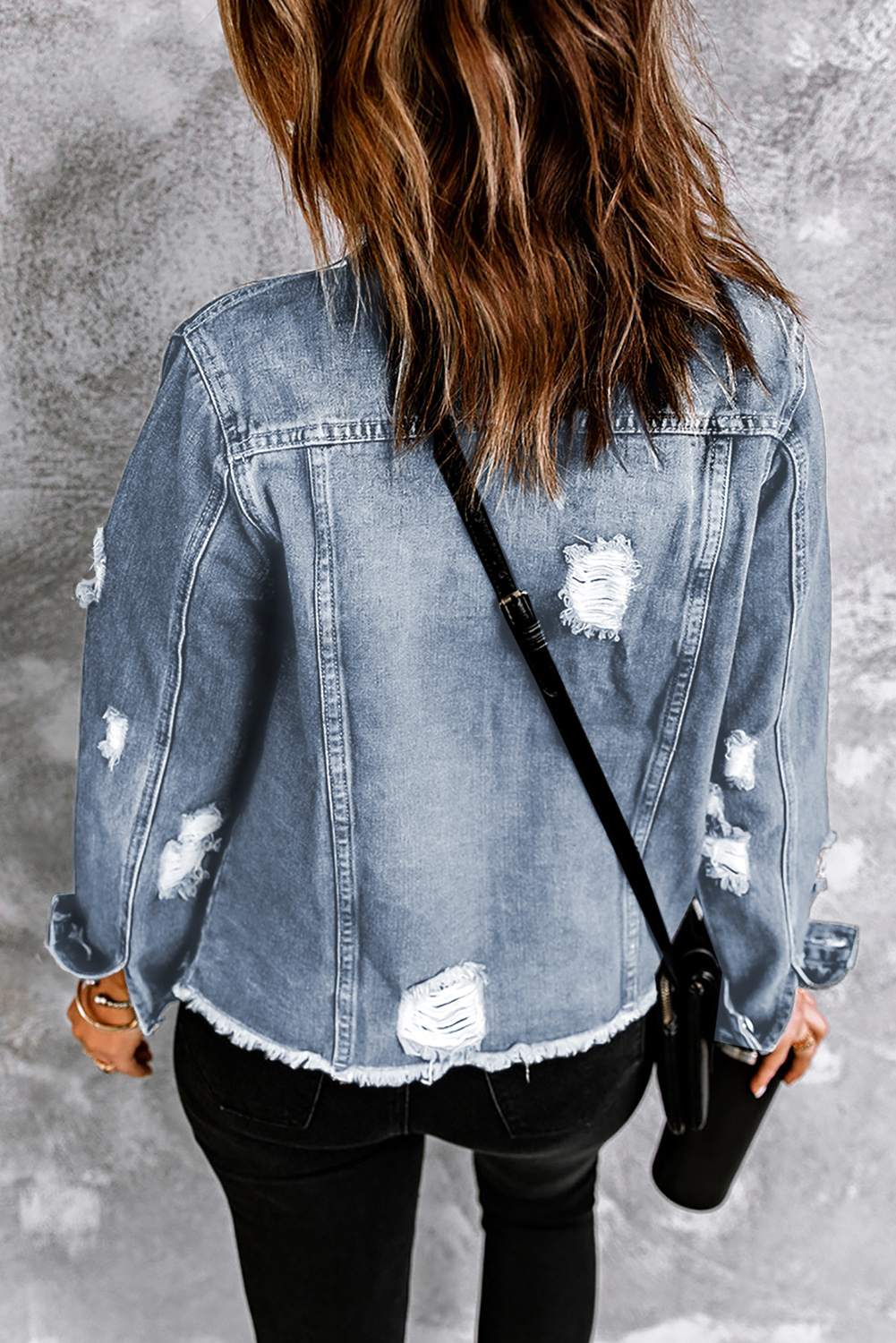 Sky Blue Lapel Distressed Raw Hem Buttons Denim Jacket - loveforevers