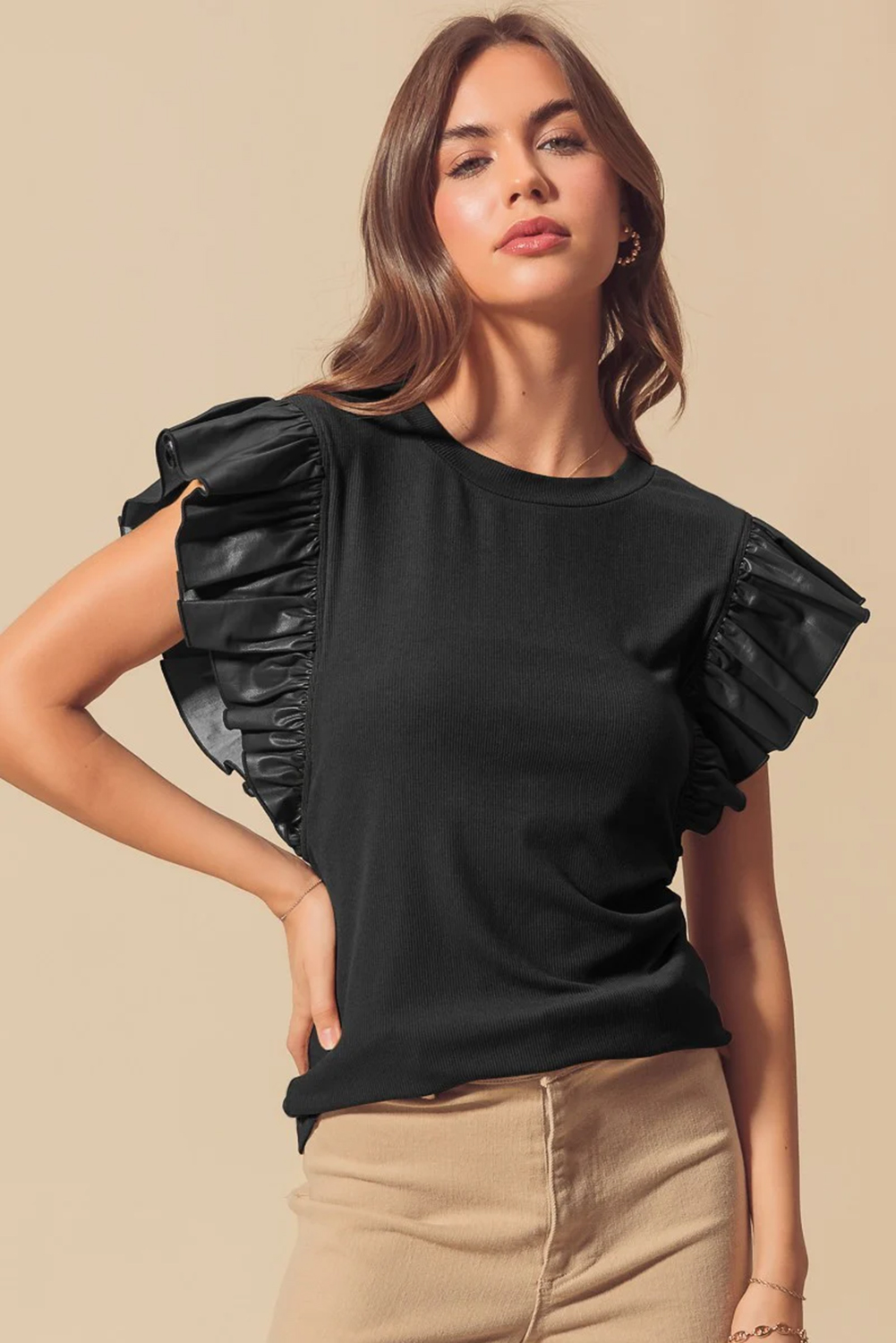 Black GAME DAY Checkered Letter Graphic Leatherette Ruffle Sleeve Top - loveforevers
