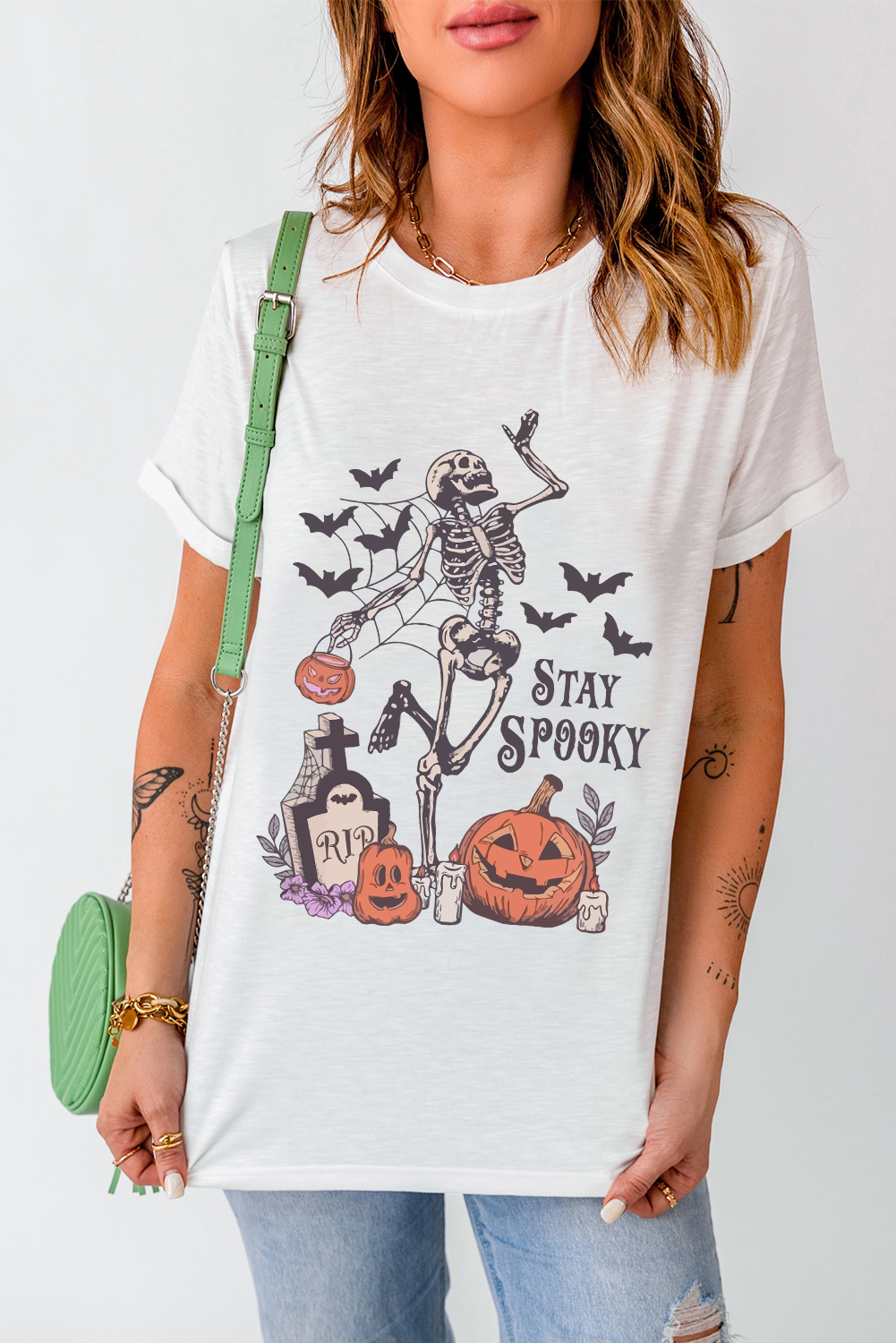 White Skull Pumpkin Face STAY SPOOKY Graphic Halloween T Shirt - loveforevers