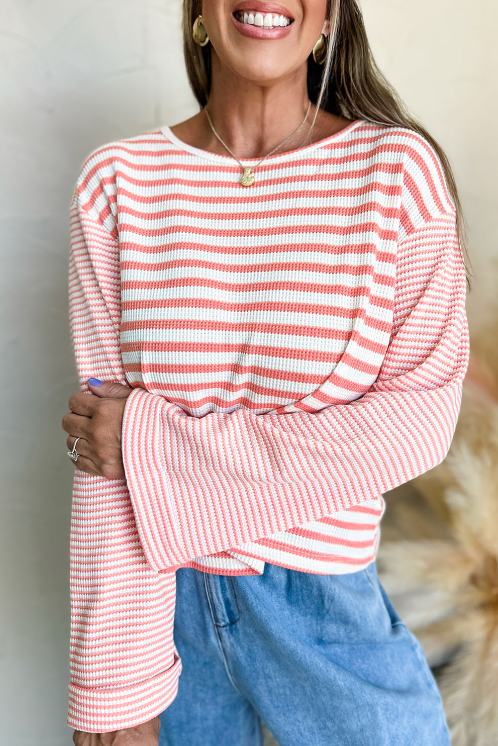 Pink Stripe Textured Contrast Dropped Long Sleeve Top - loveforevers