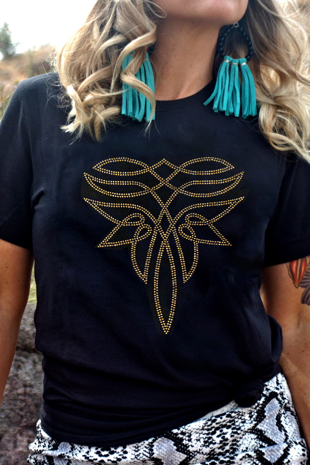 Black Rhinestone Western Pattern Cotton Blend Graphic T Shirt - loveforevers