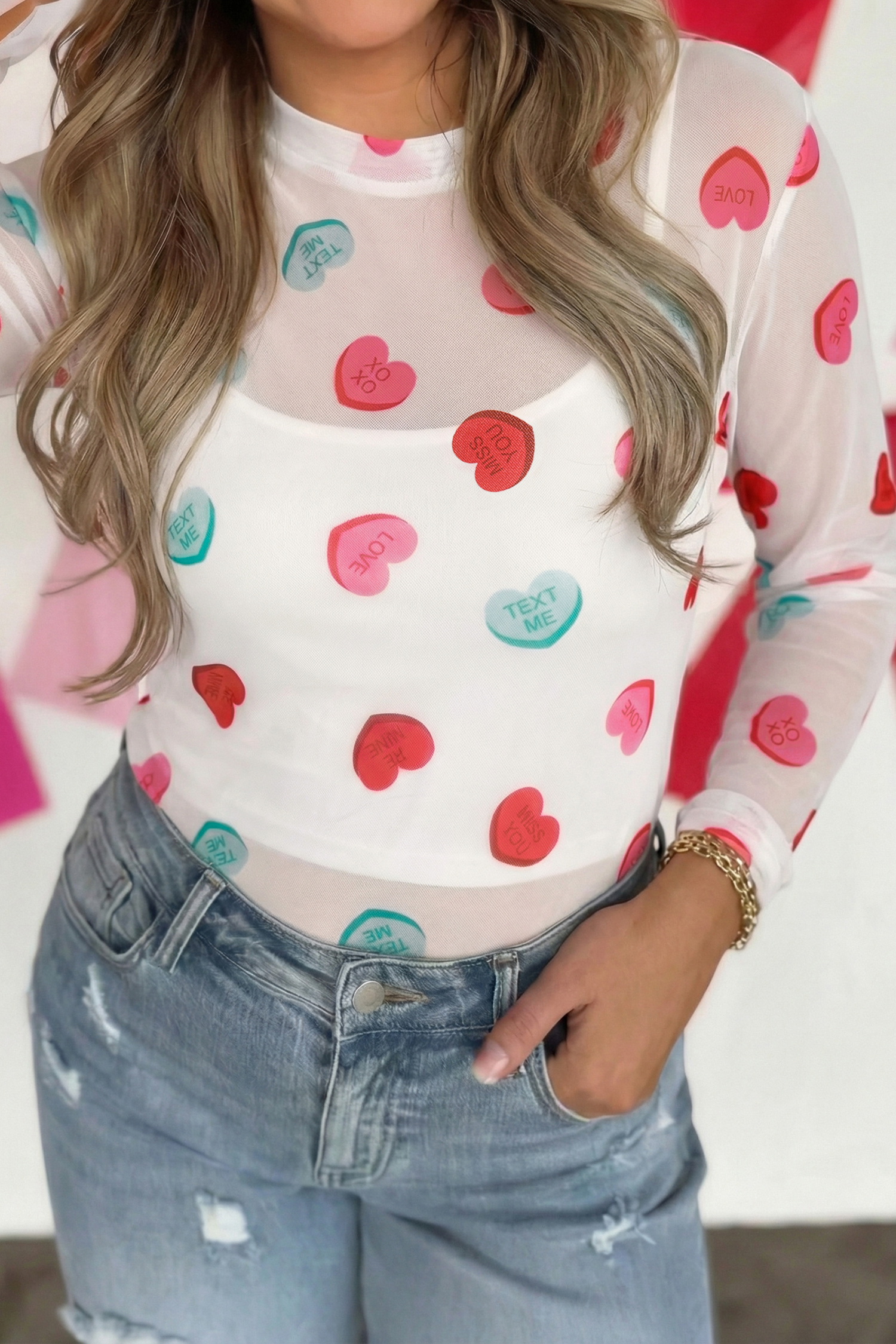 White Sheer Mesh Valentines Slogan Heart Printed Long Sleeve Top - loveforevers