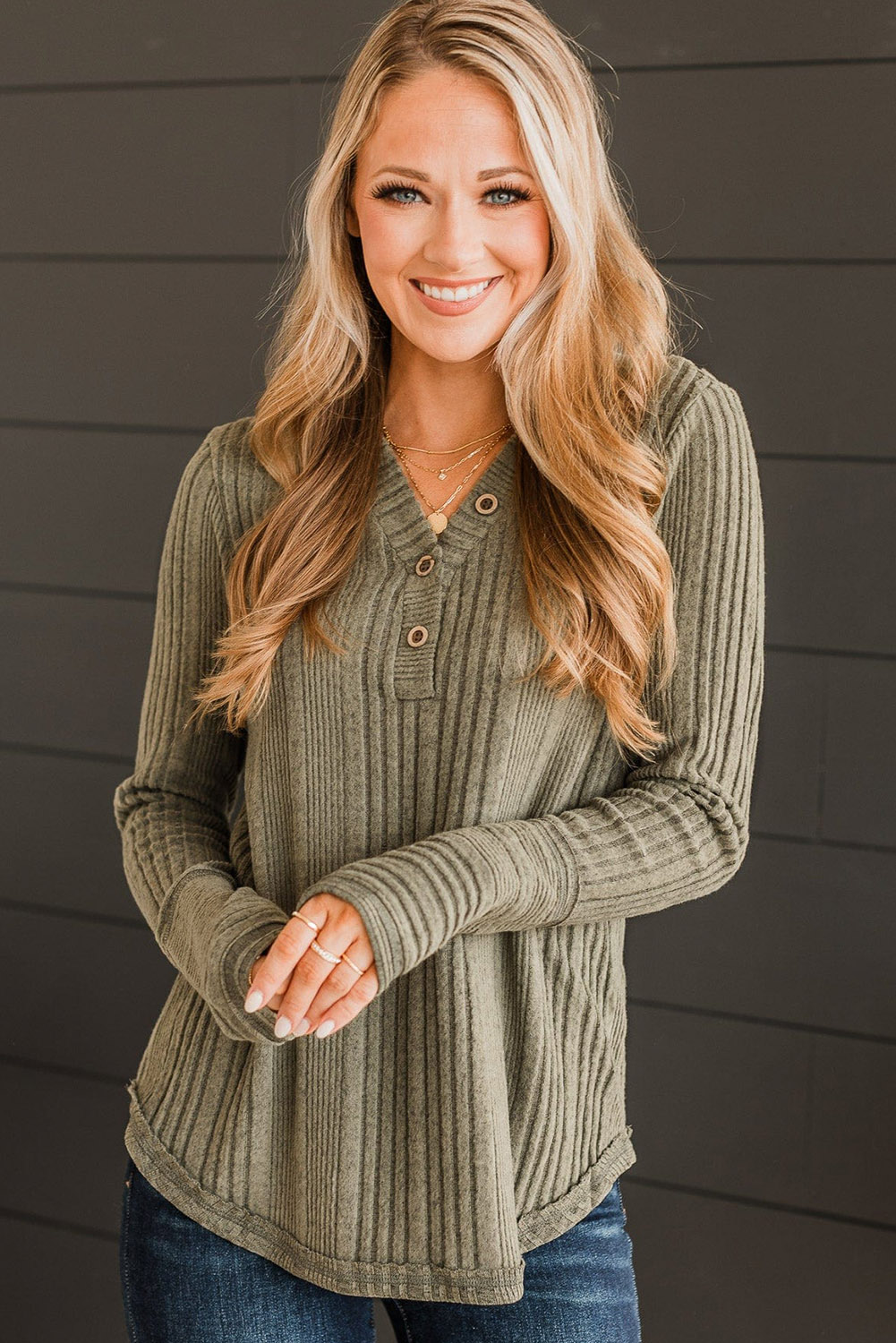 Jungle Green V Neck Buttoned Ribbed Knit Top - loveforevers