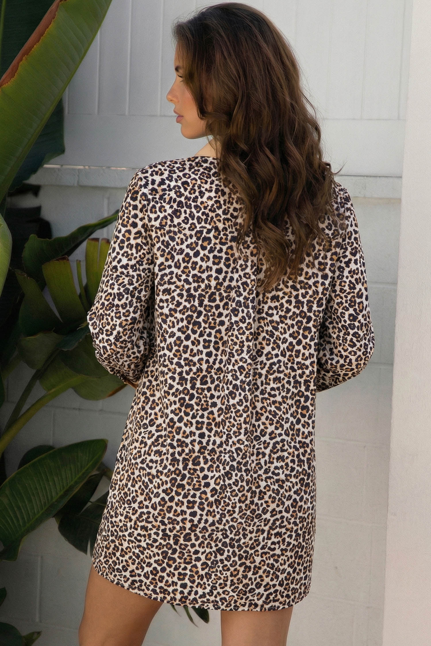 Multicolour Button Striped Collar Leopard Print Long Sleeve Flared Dress - loveforevers