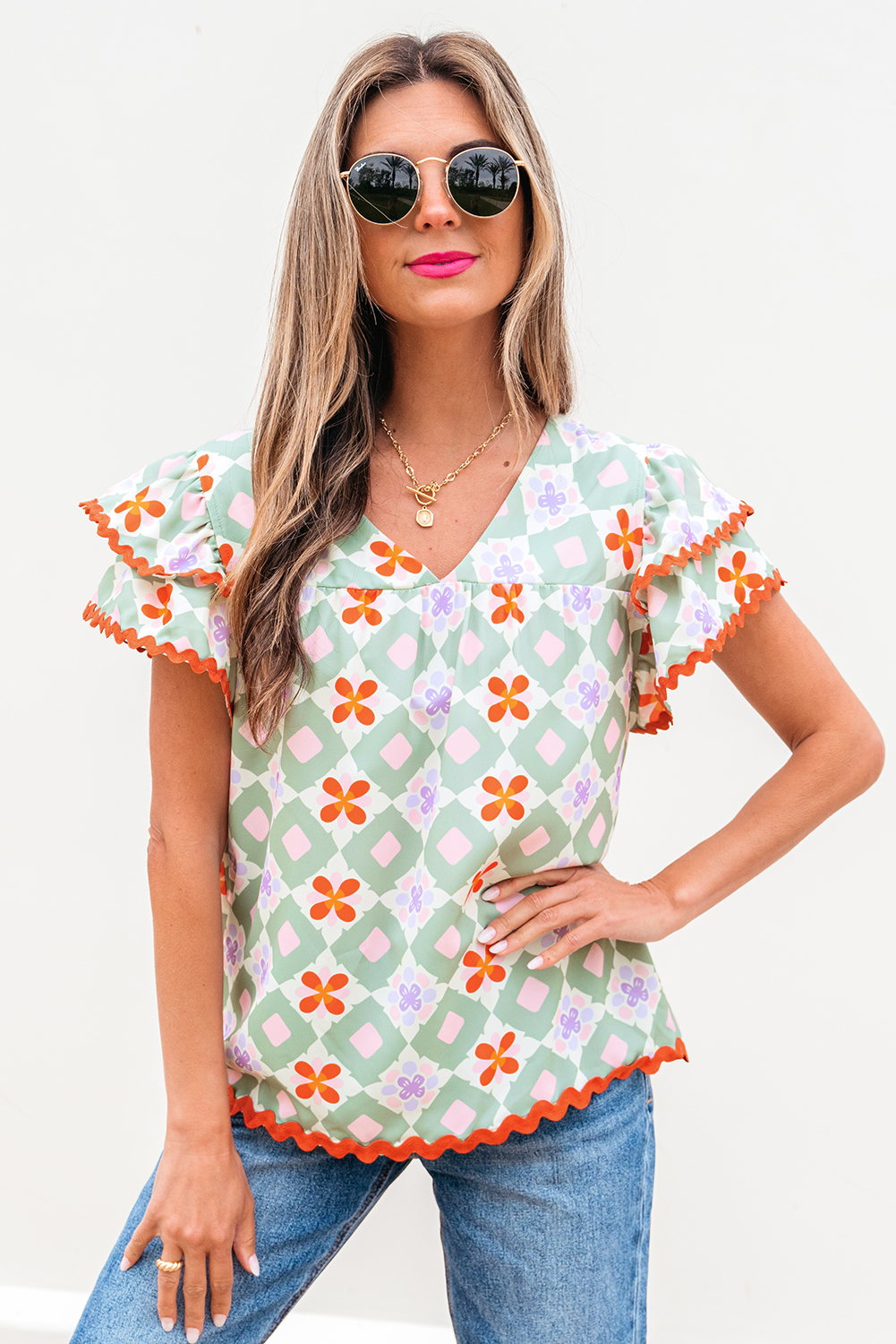 Green Geometric Floral Print Layered Flutter Sleeve V Neck Ric Rac Trim Blouse - loveforevers
