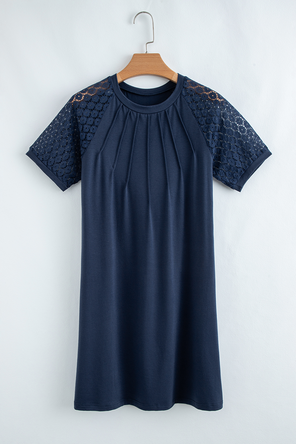 Navy Blue Contrast Lace Raglan Sleeve Pleated Detail Shift Dress - loveforevers