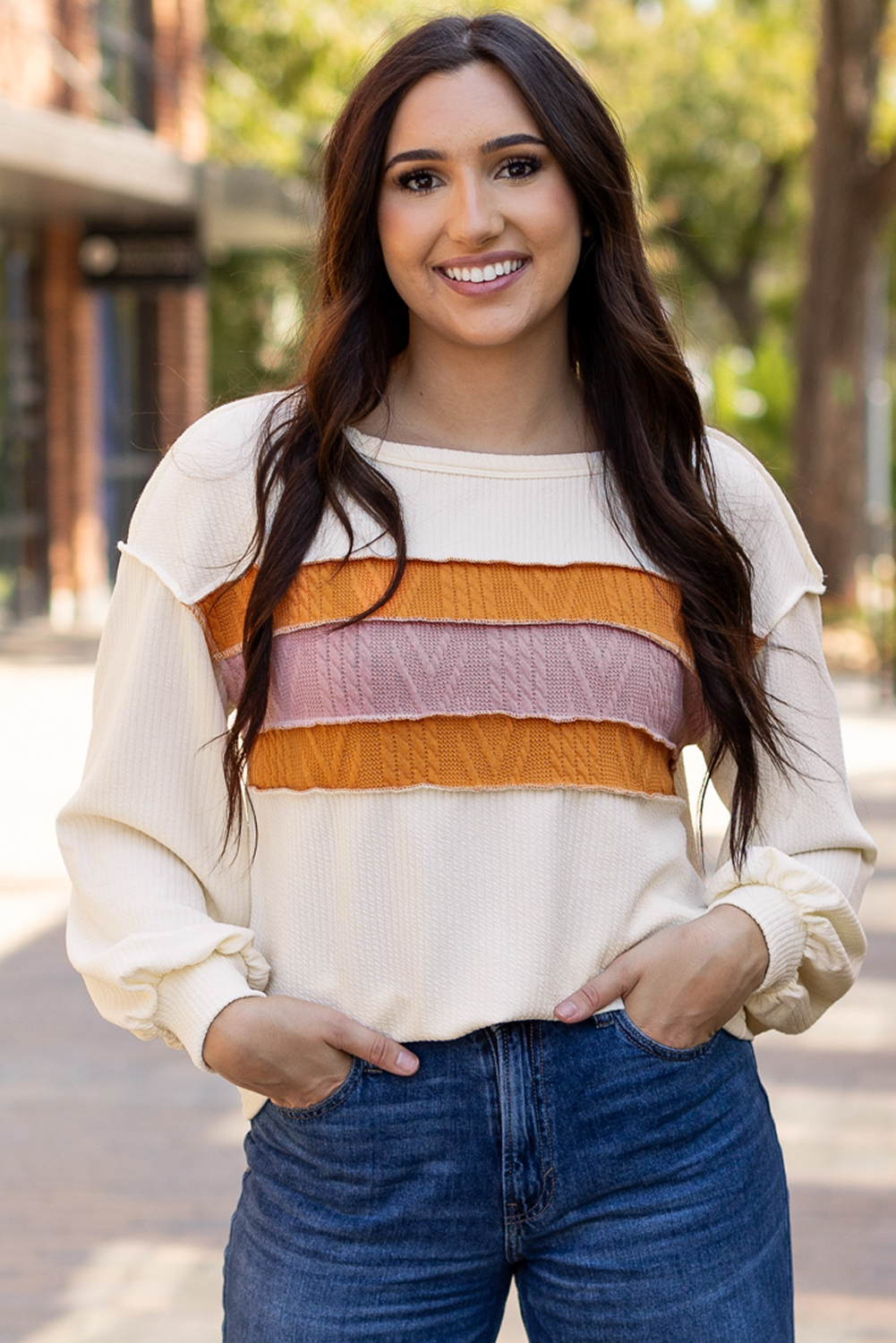 White Corded Exposed Seam Knit Patchwork Drop Sleeve Top - loveforevers