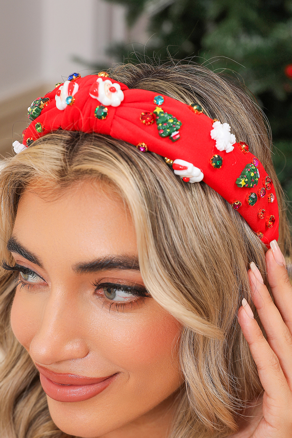 Fiery Red Cartoon Christmas Pattern Rhinestone Knotted Headband - loveforevers