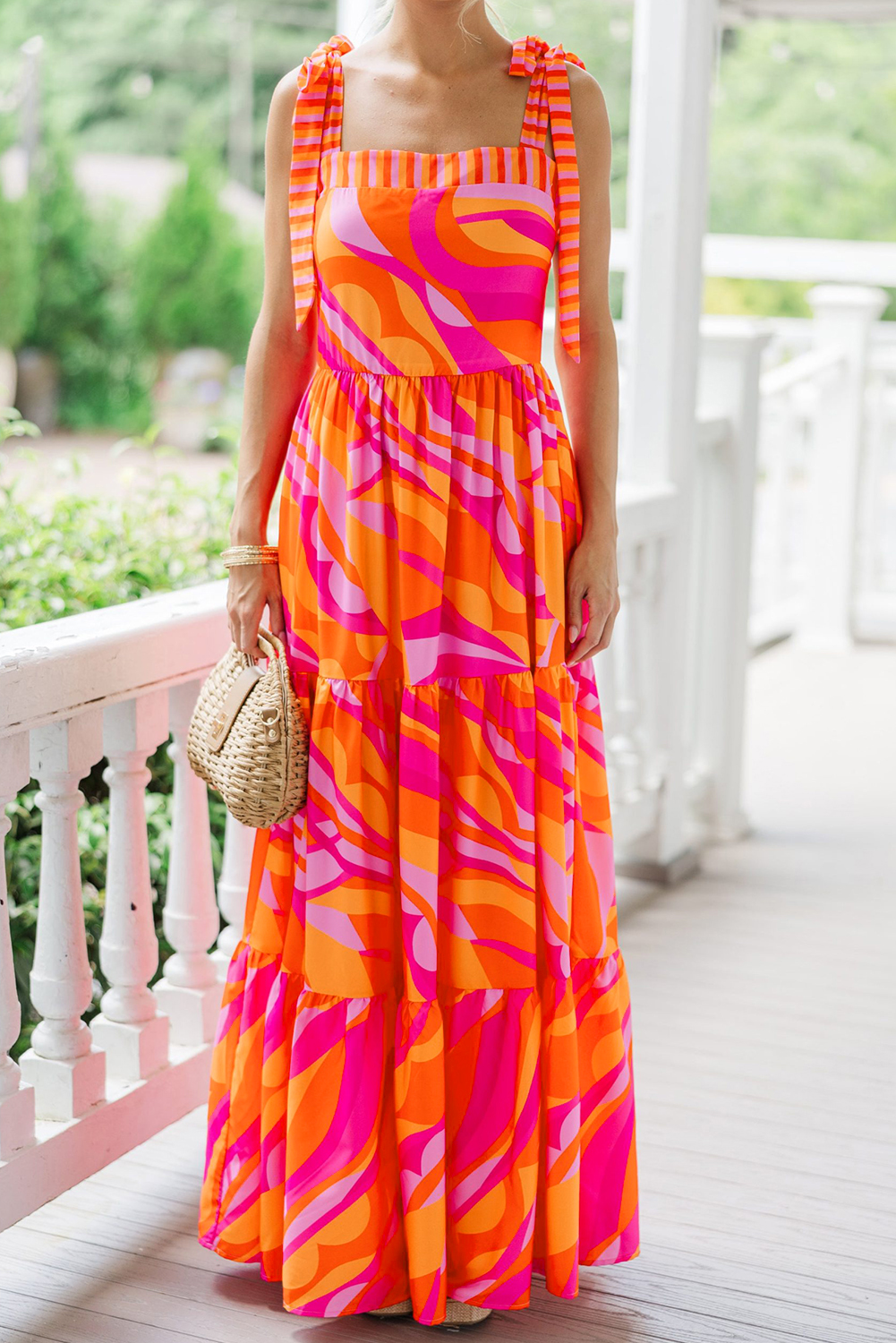 Red Abstract Print Knotted Shoulder High Waist Maxi Dress - loveforevers