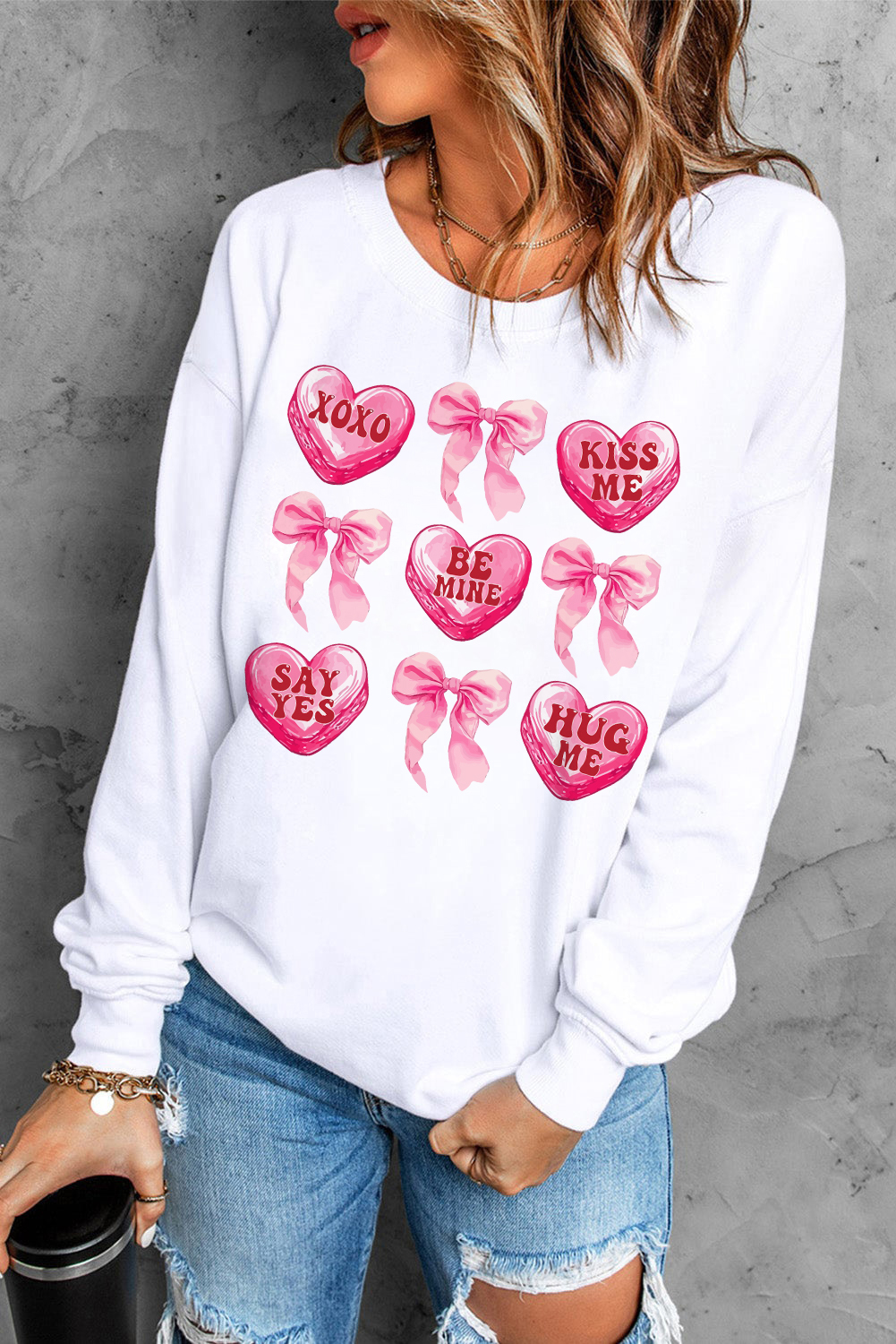 White Valentine Candy Heart & Bow Graphic Sweatshirt - loveforevers