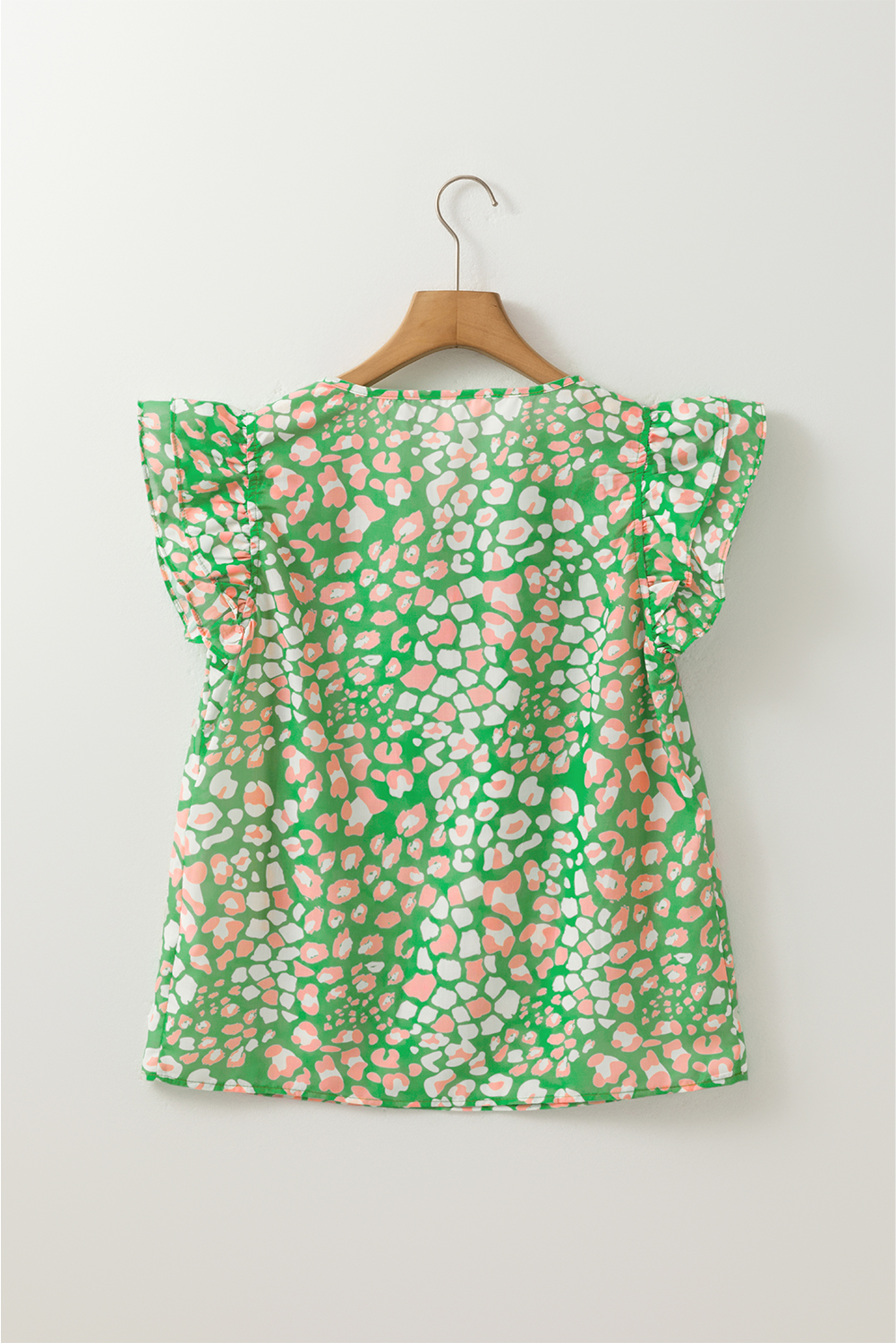 Green Abstract Leopard Tied Front Flutter Sleeve Blouse - loveforevers