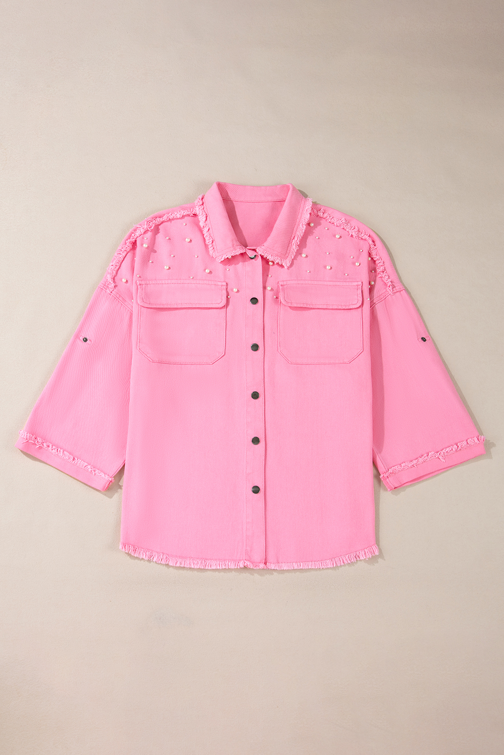 Bonbon Pearl Beaded Raw Hem Button Up Denim Jacket - loveforevers