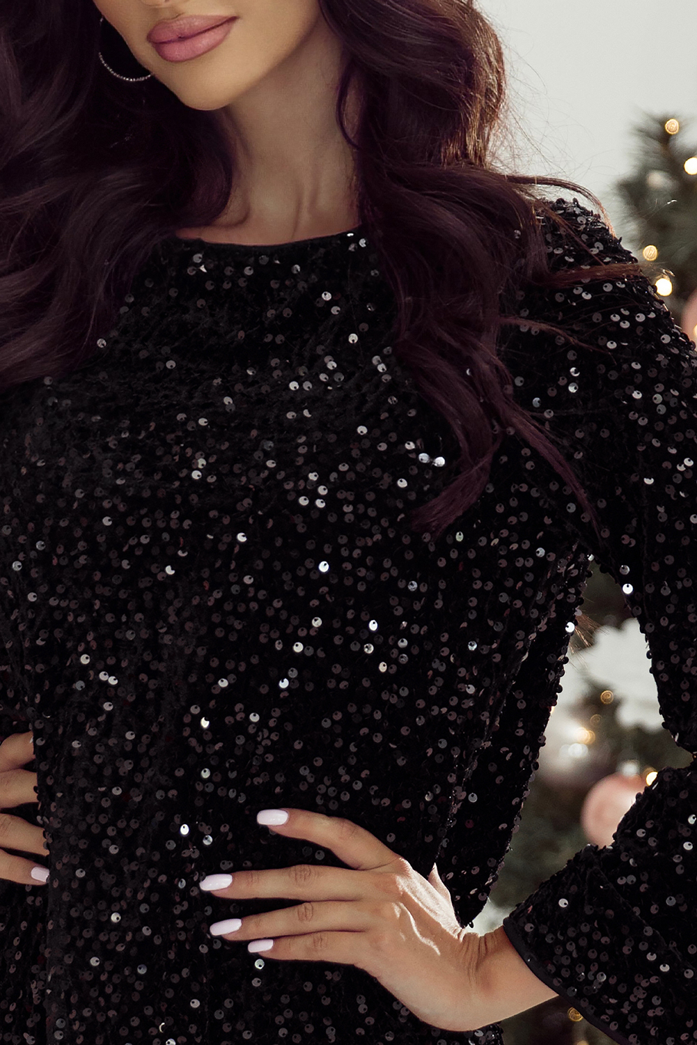 Black Sequin Long Sleeve Knot Cutout Back Mini Dress - loveforevers