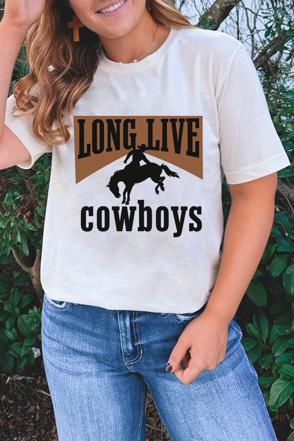 White LONG LIVE Cowboys Western Graphic Loose Tee - loveforevers