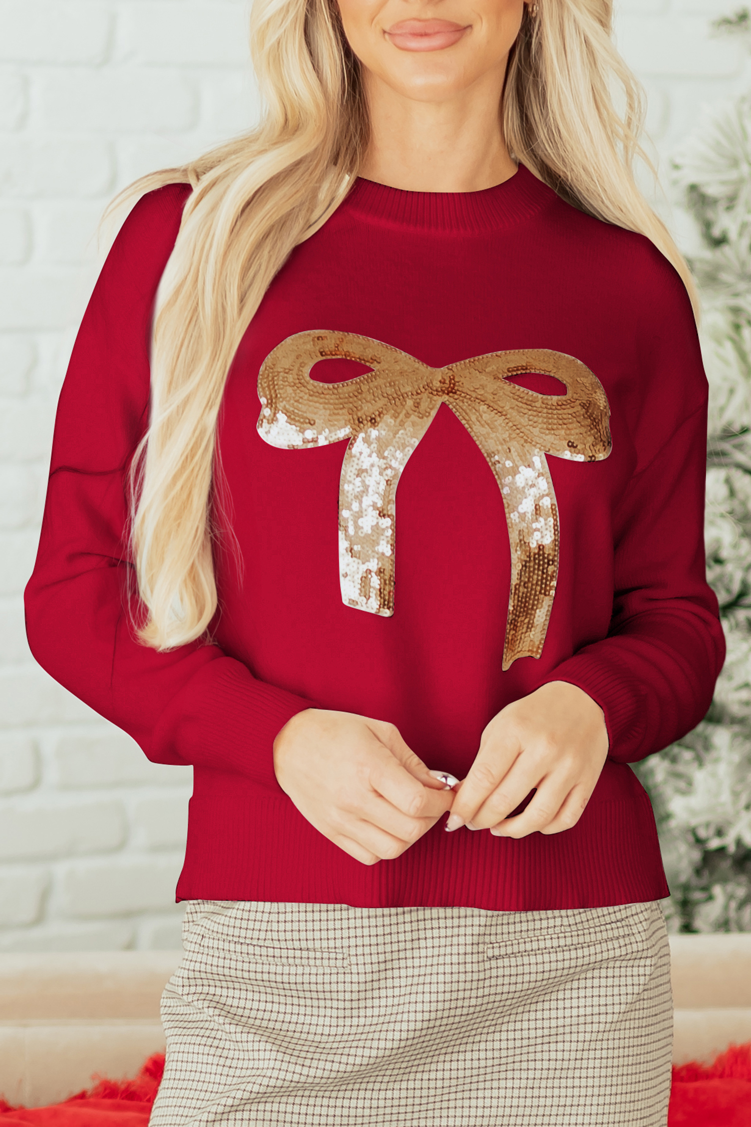 Rose Red Sequined Bow Graphic Christmas Holiday Sweater - loveforevers