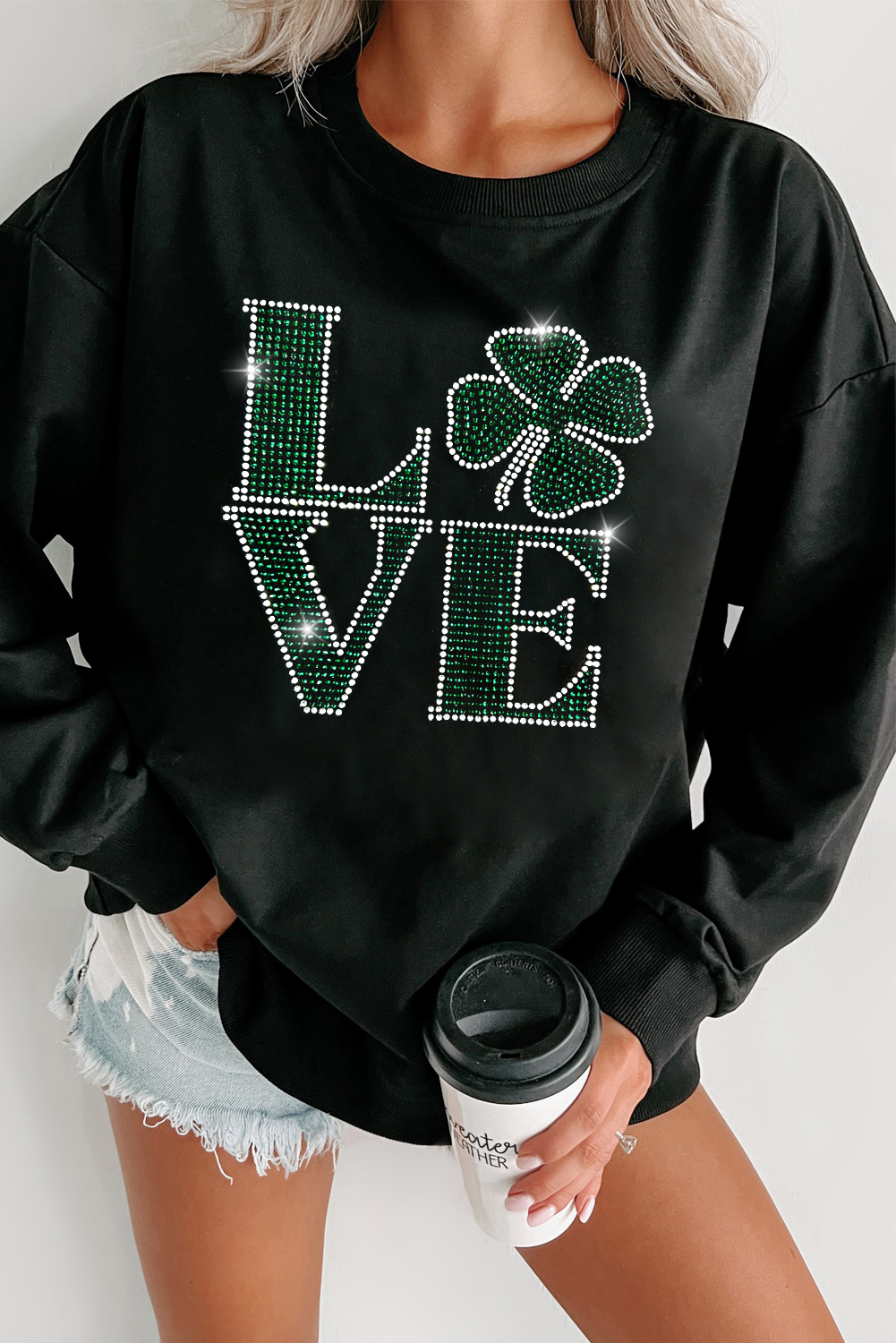 Black Rhinestone LOVE Clover Graphic St Patricks Pullover Sweatshirt - loveforevers