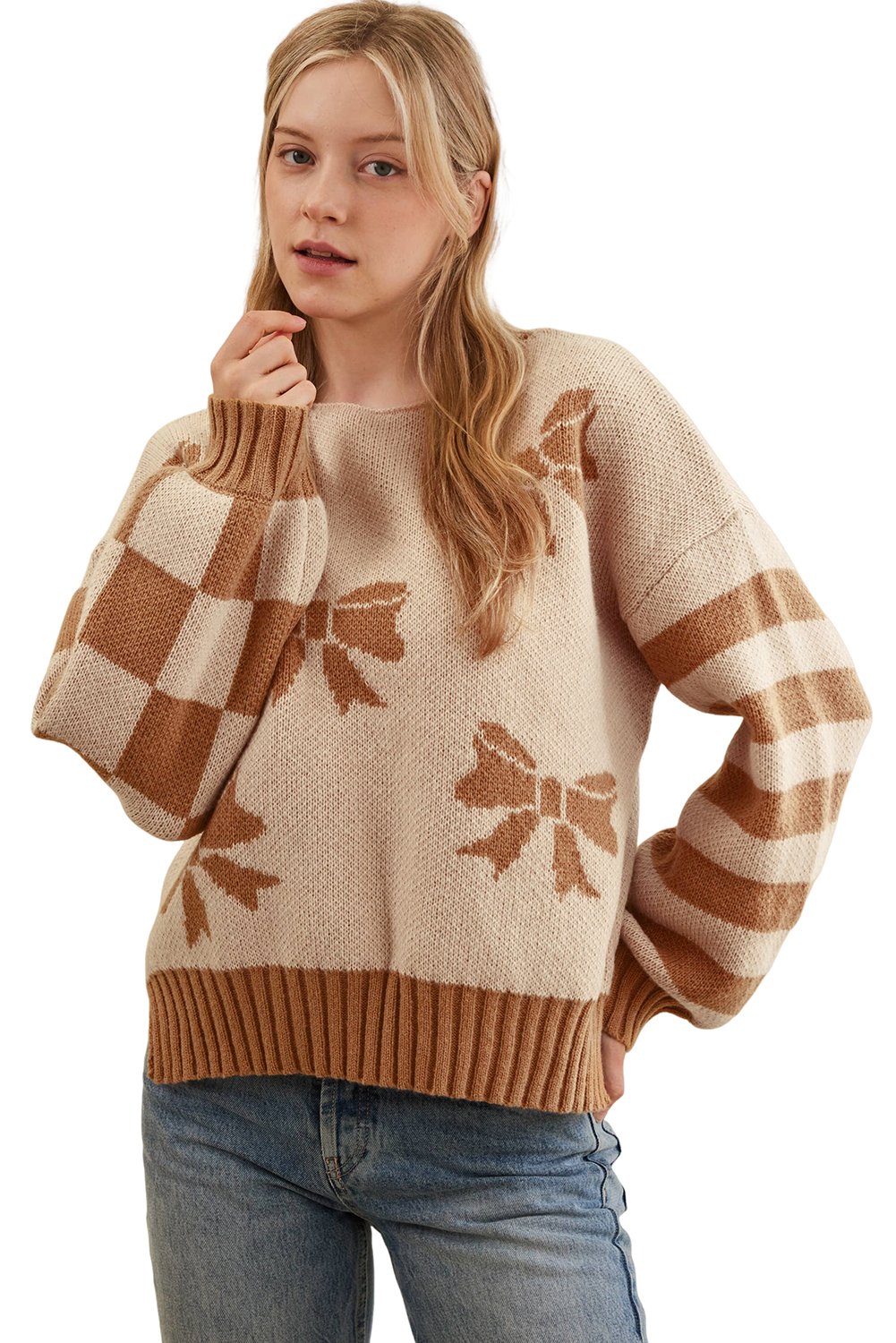 Straw Yellow Ribbon Bow Print Checkered Striped Sleeve Drop Shoulder Sweater - loveforevers