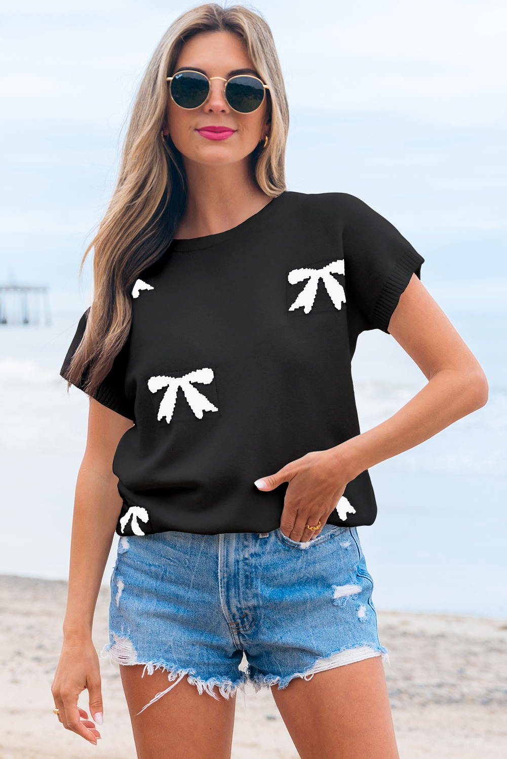 Black Bow Pattern Knit Short Sleeve Sweater - loveforevers