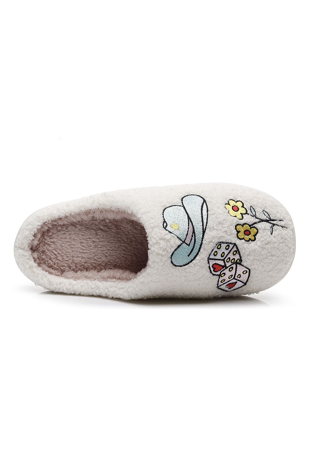 White Asymmetric Embroidered Pattern Cowgirl Plush House Slippers - loveforevers