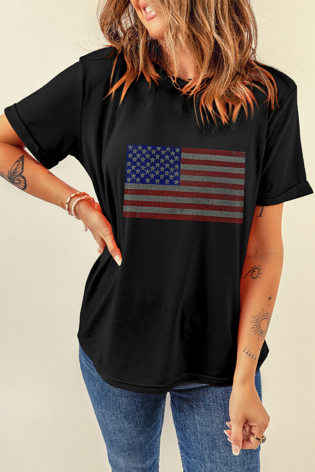 Black Rhinestone American Flag Round Neck Casual Tee - loveforevers