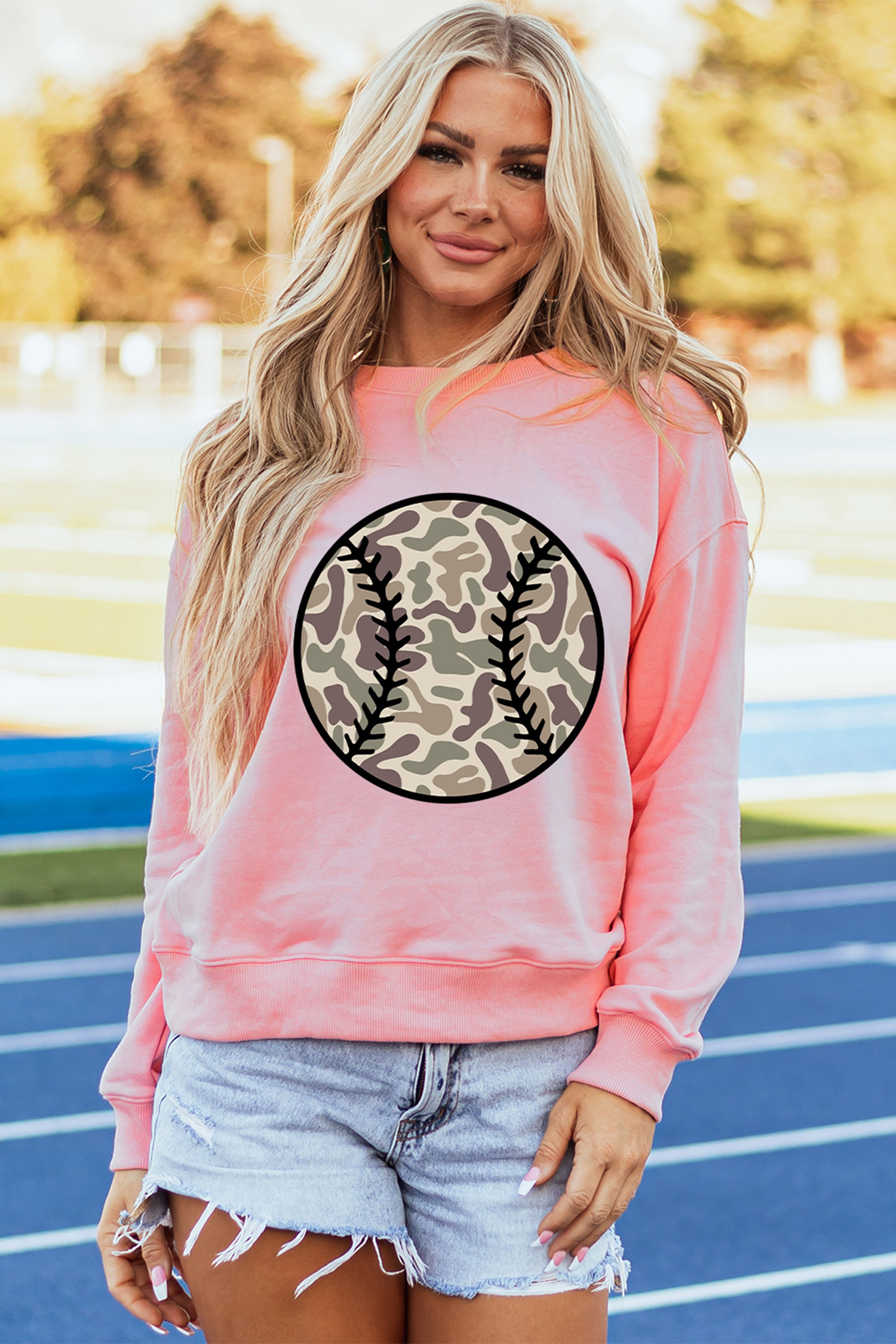 Pink Camouflage Baseball Dropped Shoulder Sweatshirt - loveforevers