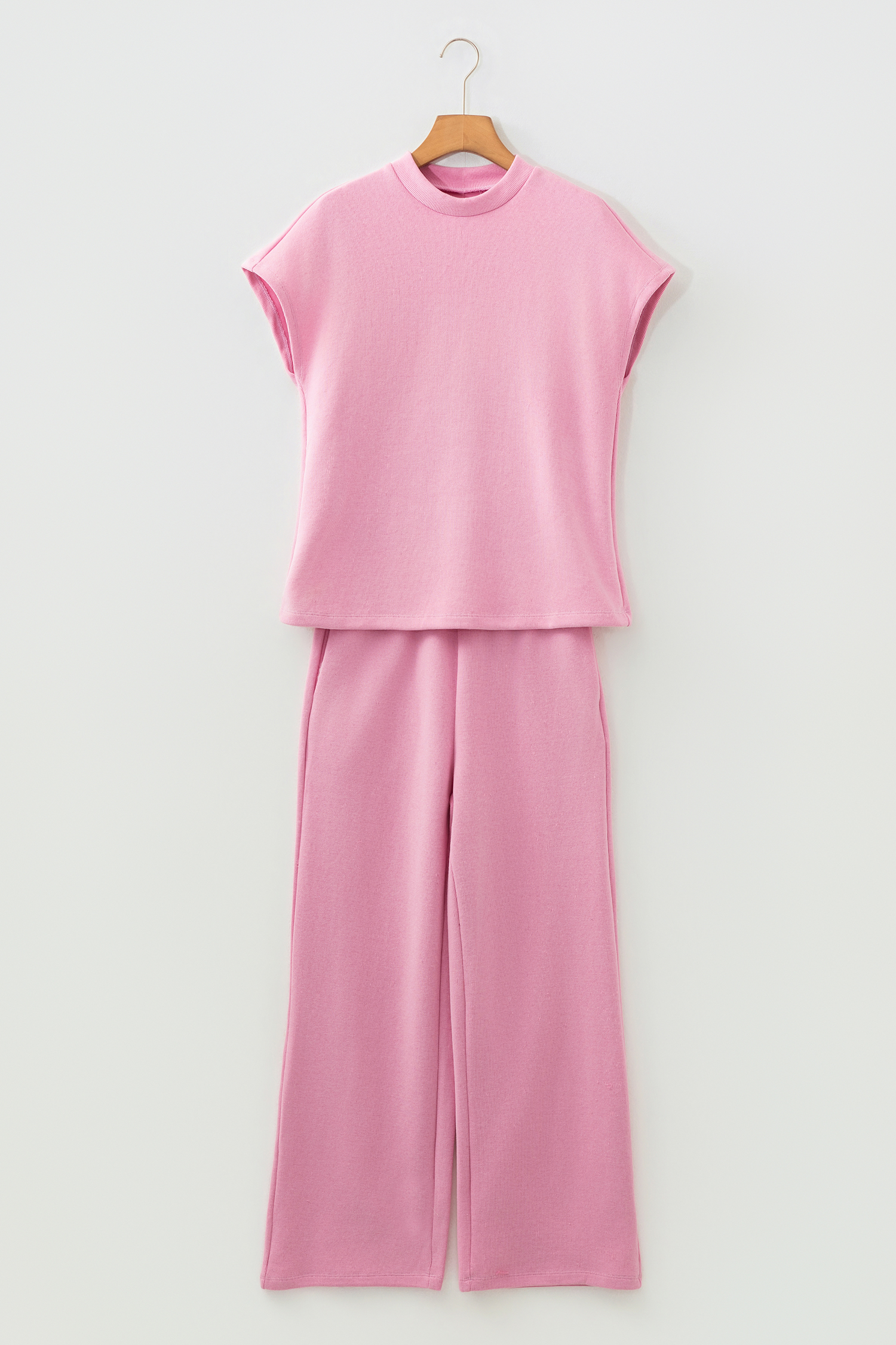 Pink Textured Knit High Neck Loose Tee Elastic Waist Loose Pant Set - loveforevers