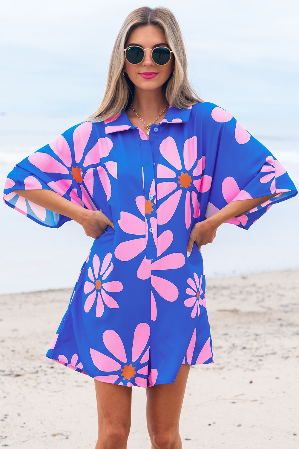 Blue Summer Flower Print Shirt Collar Button Front Loose Romper - loveforevers