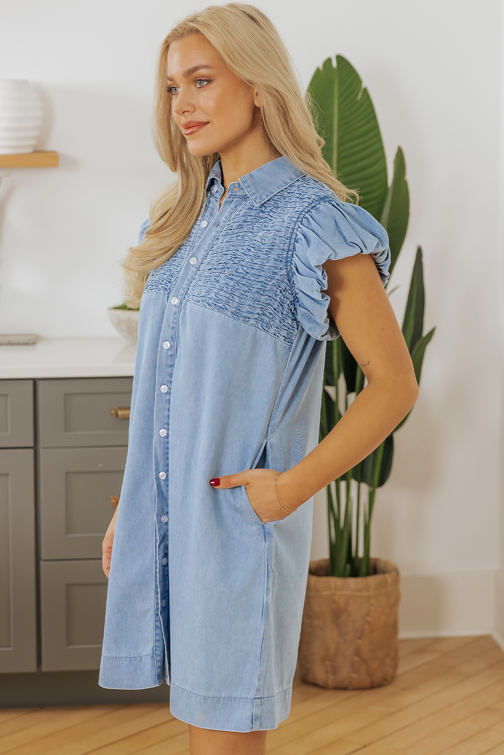Beau Blue Flutter Sleeve Shirred Detail Button Up Denim Mini Dress - loveforevers