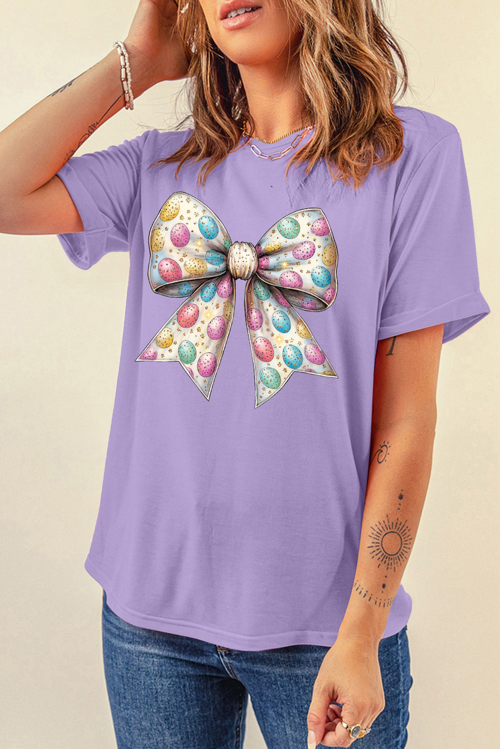 Wisteria Celebrative Easter Eggs Bow Print Casual T Shirt - loveforevers