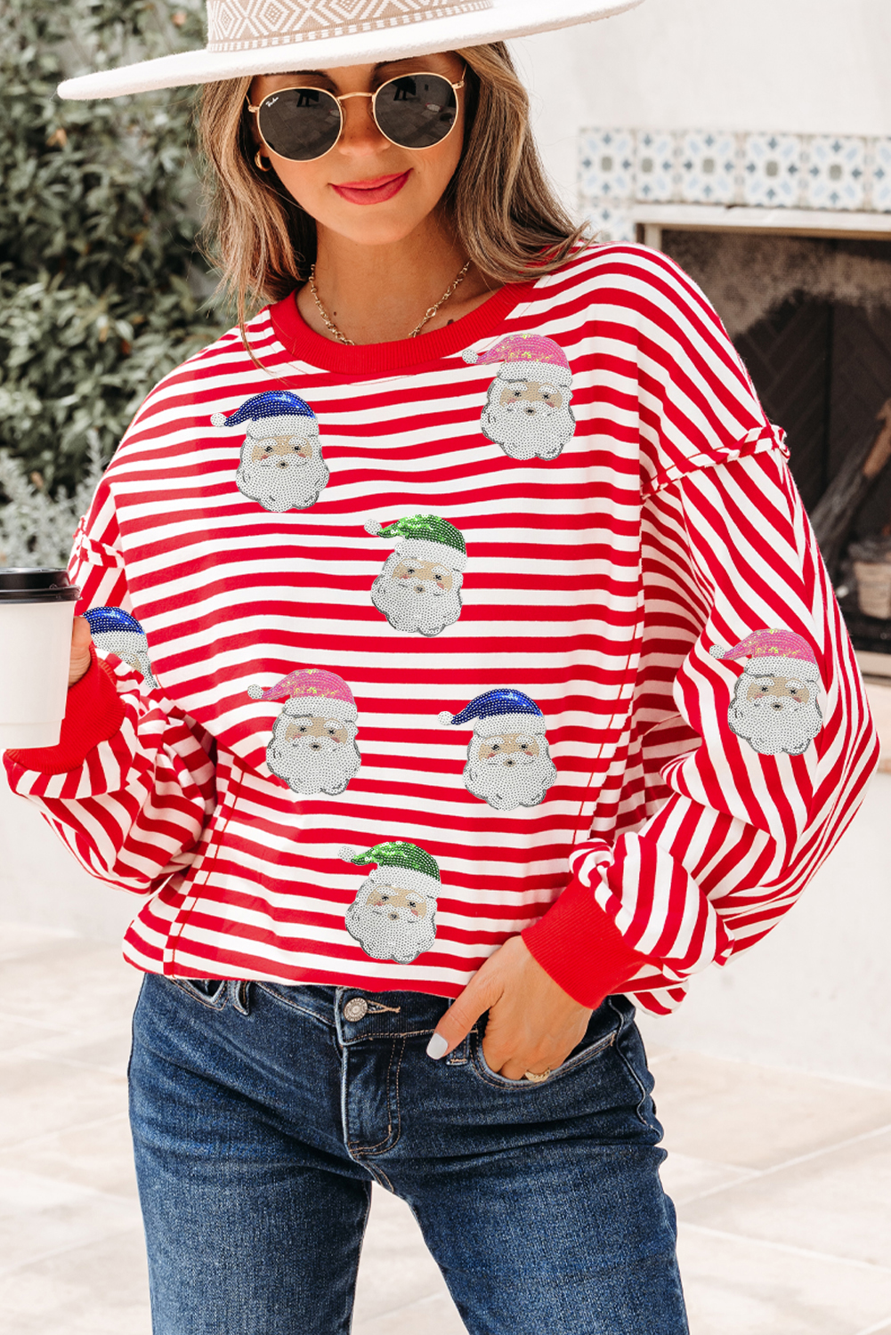 Red Stripe Sequin Santa Round Neck Raw Seam Detail Christmas Long Sleeve Top - loveforevers