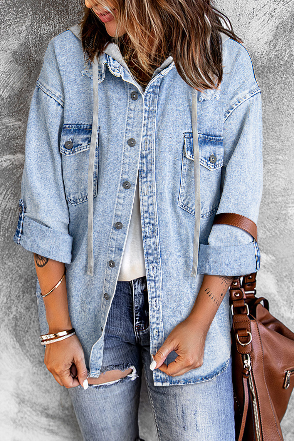 Mist Blue Oversized Contrast Hooded Denim Jacket - loveforevers