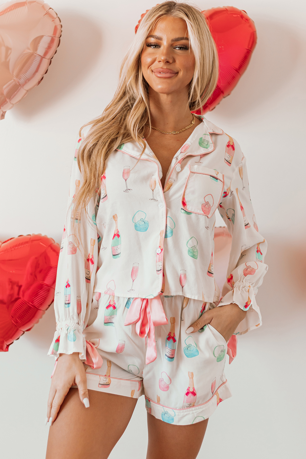 White Christmas Wine Glass Print Bow Knot Two Piece Pajama Set - loveforevers