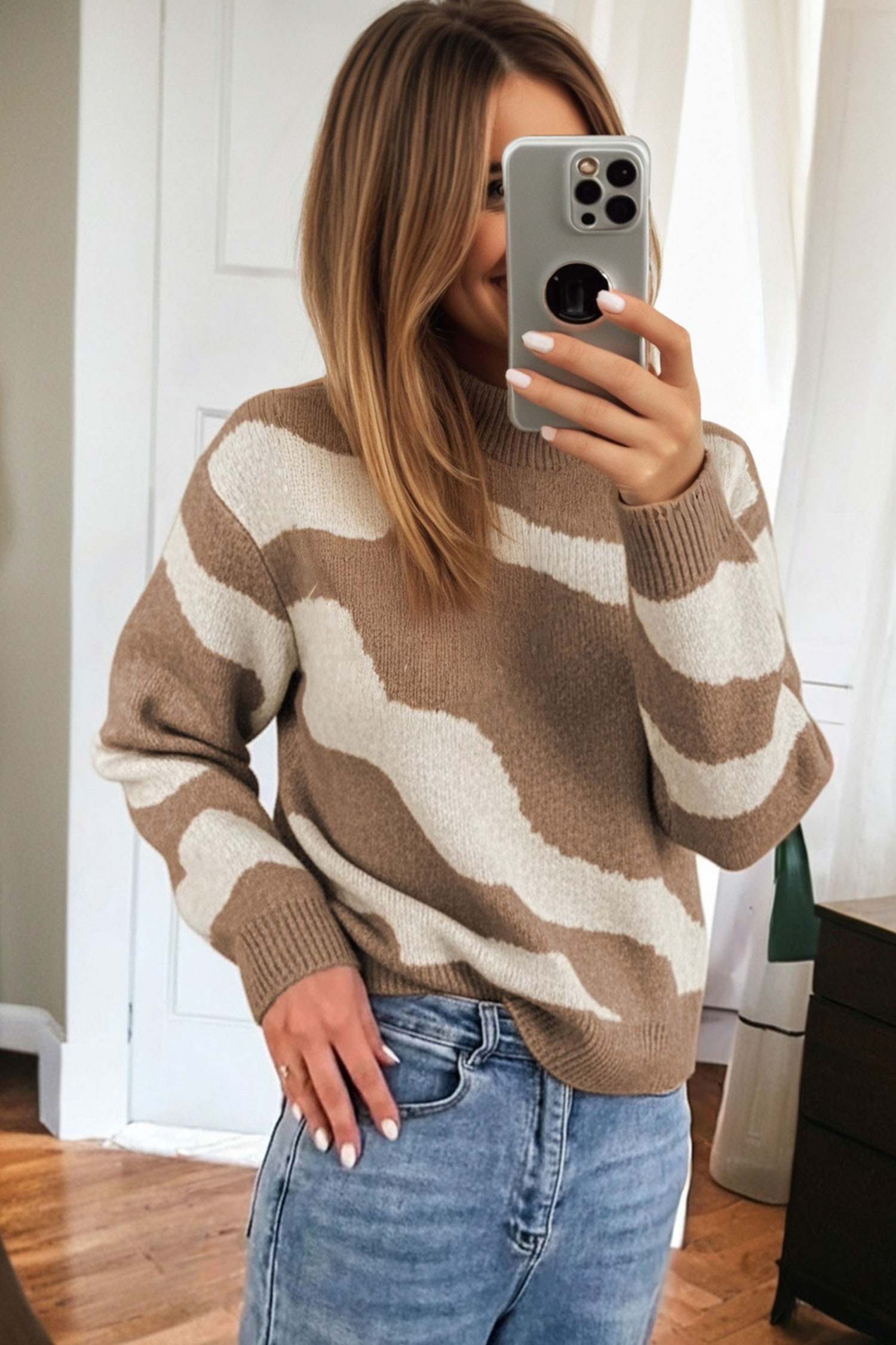 Dark Khaki Abstract Print Ribbed Trim Mock Neck Chic Sweater - loveforevers
